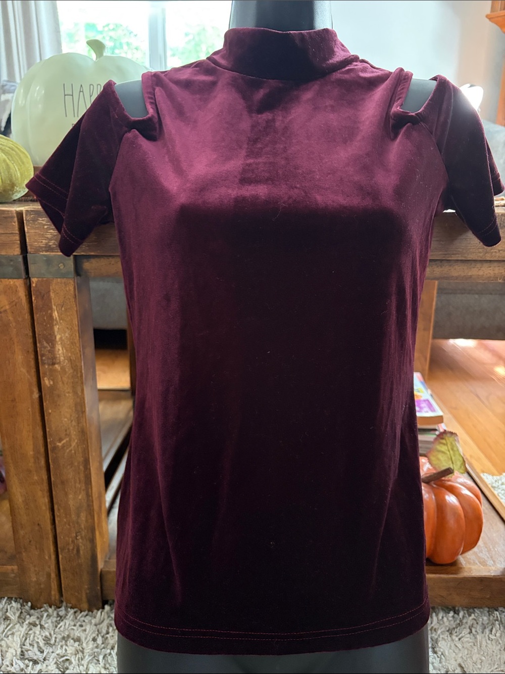 VENUS Velvet Cold-Shoulder Top in Deep Wine size Small